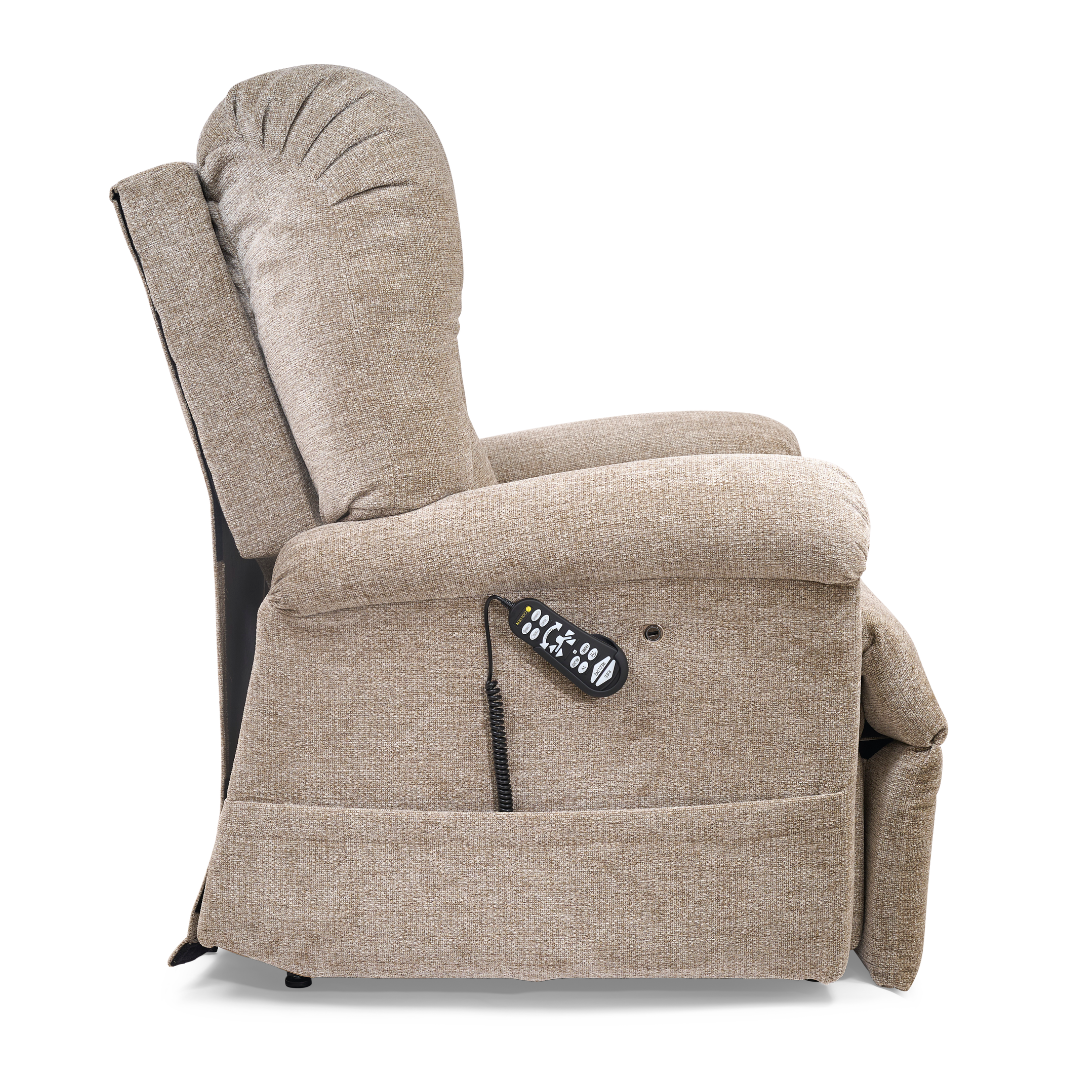 A side view of the Golden Tech PR527 Cloud Recliner With Lift Assist & Twilight - SM/MD in beige, featuring cushioned seating, a memory foam bucket seat, an extended footrest, and a remote on the armrest against a white background.