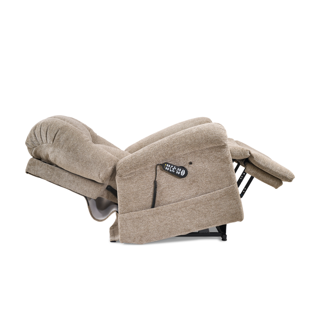 The Golden Tech PR527 Cloud Recliner With Lift Assist & Twilight - SM/MD is shown fully extended, featuring a remote on the side, raised footrest, reclined backrest, and Zero Gravity positioning for optimal comfort.