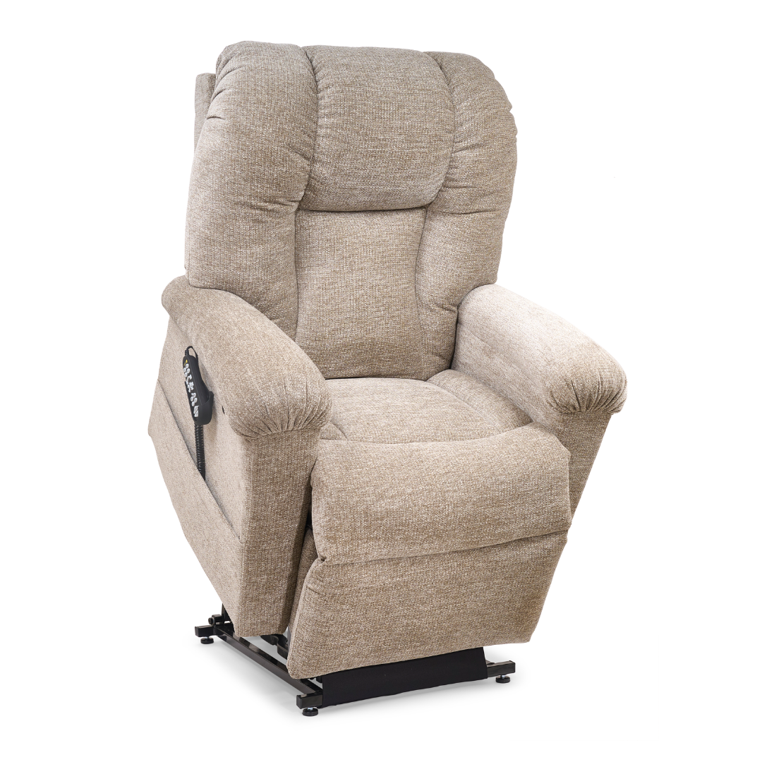 The Golden Tech PR527 Cloud Recliner With Lift Assist & Twilight - SM/MD in beige features a memory foam bucket seat, padded arms and backrest, a black metal base, and includes a remote control on the left armrest.