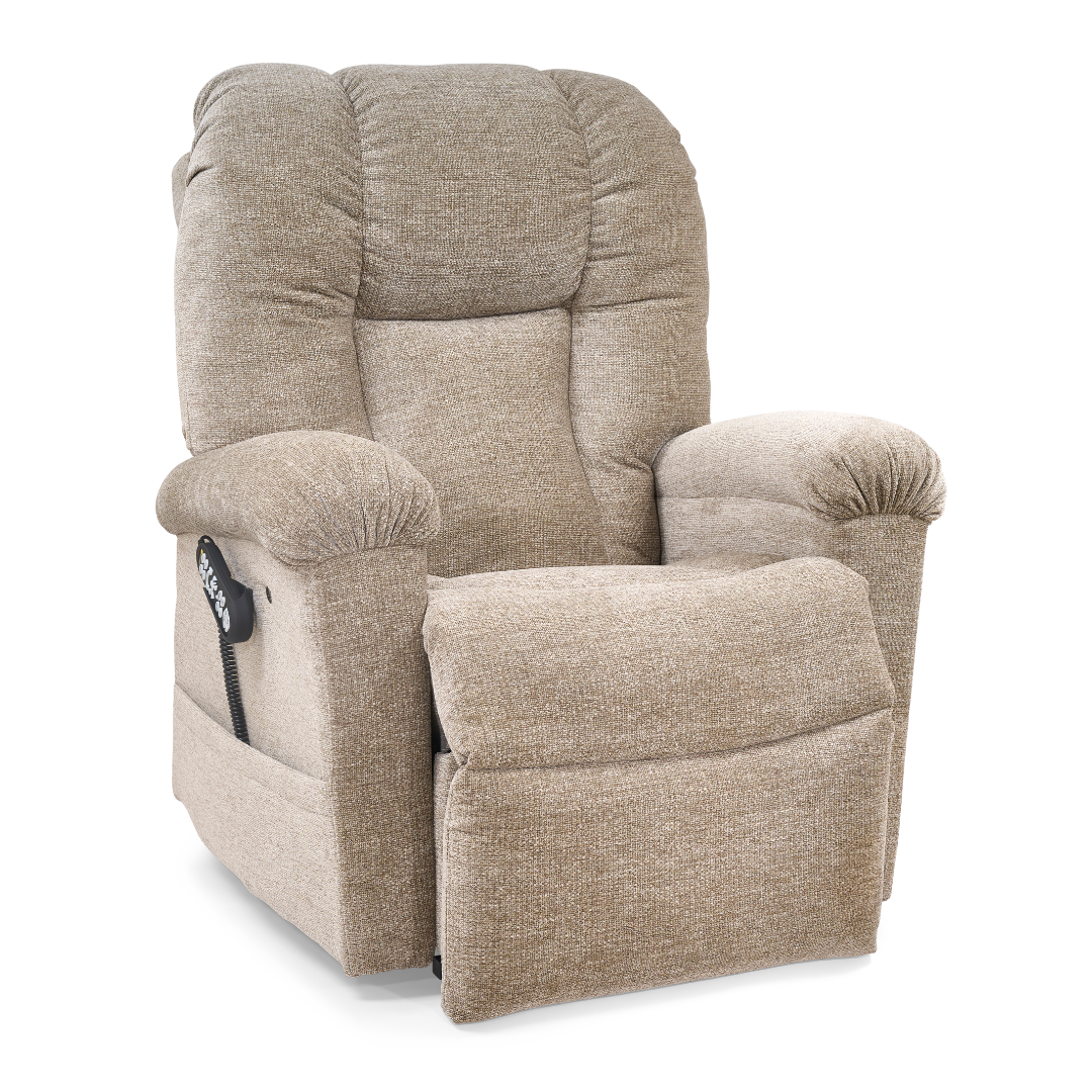 The Golden Tech PR527 Cloud Recliner With Lift Assist & Twilight - SM/MD is a plush, light brown power lift recliner featuring padded armrests, high back, remote control, and Zero Gravity positioning for comfort, shown on a white background.