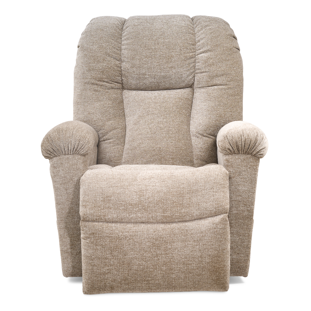 The Golden Tech PR527 Cloud Recliner With Lift Assist & Twilight - SM/MD, a plush beige chair with padded armrests, cushioned backrest, and memory foam bucket seat, is shown from the front against a white background.
