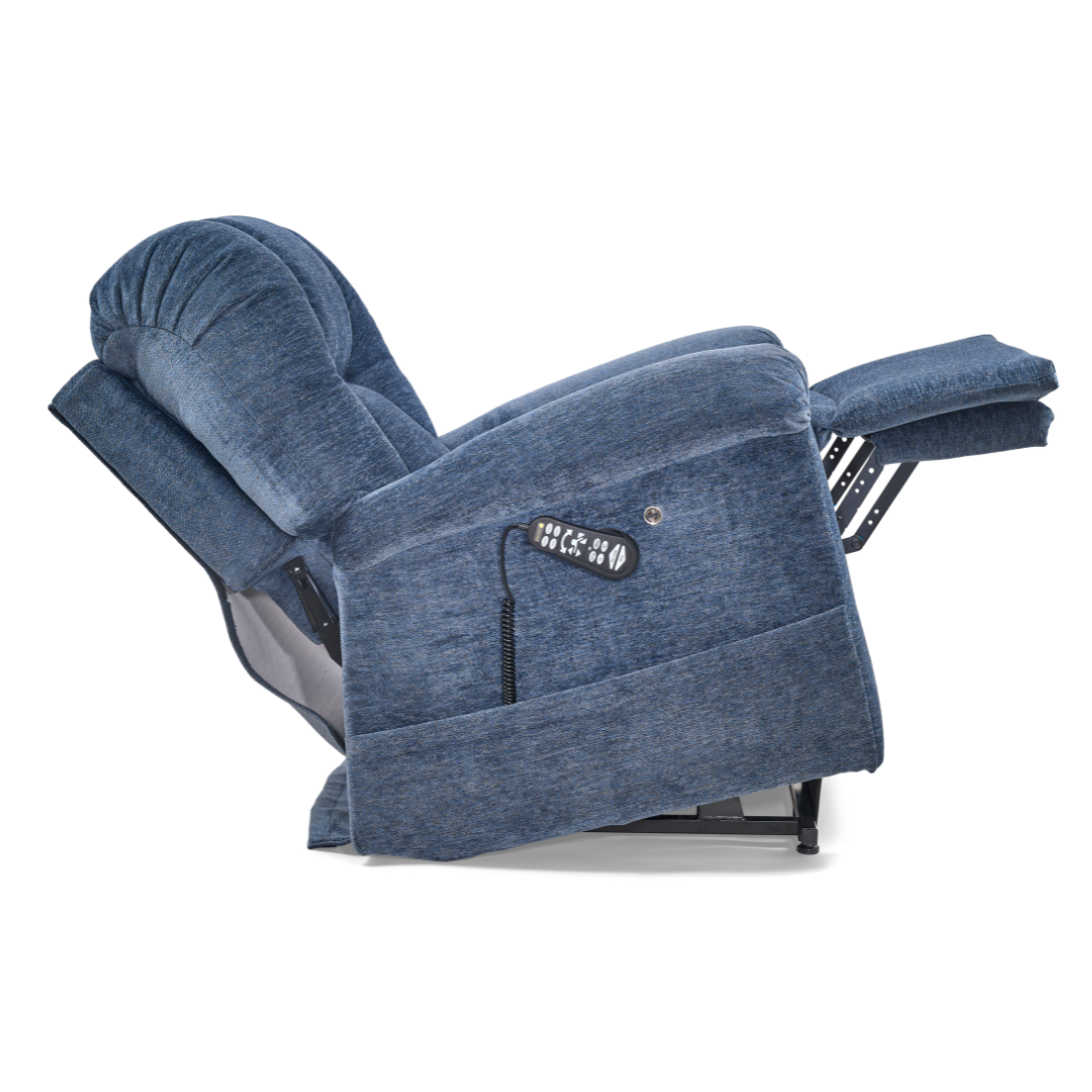 The Golden Tech PR527 Cloud Recliner With Lift Assist & Twilight - SM/MD is featured in blue fabric, fully reclined with an extended footrest and a side-attached remote control.