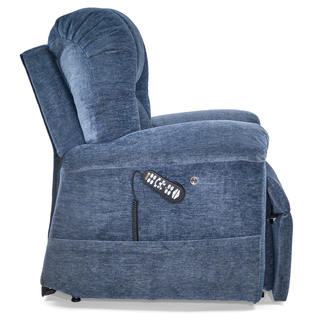 The Golden Tech PR527 Cloud Recliner With Lift Assist & Twilight - SM/MD is a blue upholstered power lift recliner with thick cushions, wired remote in a side pocket, and an elevated footrest for ultimate comfort.
