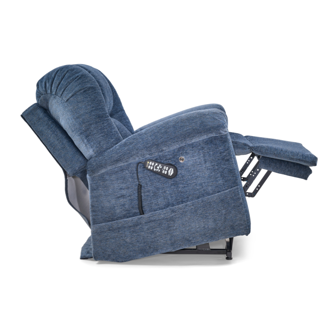 The Golden Tech PR527 Cloud Recliner With Lift Assist & Twilight - SM/MD is shown in blue upholstery, fully reclined with the footrest extended. A remote control is attached to the chairs side for easy operation.