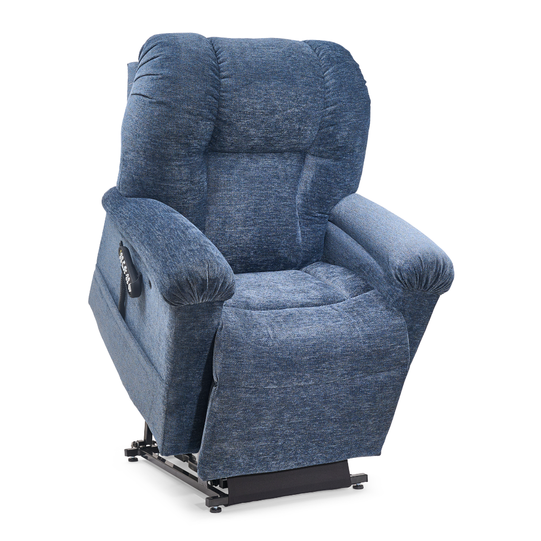 The Golden Tech PR527 Cloud Recliner With Lift Assist & Twilight - SM/MD is a blue upholstered chair with padded armrests and backrest, featuring a black metal base that helps you stand up easily.