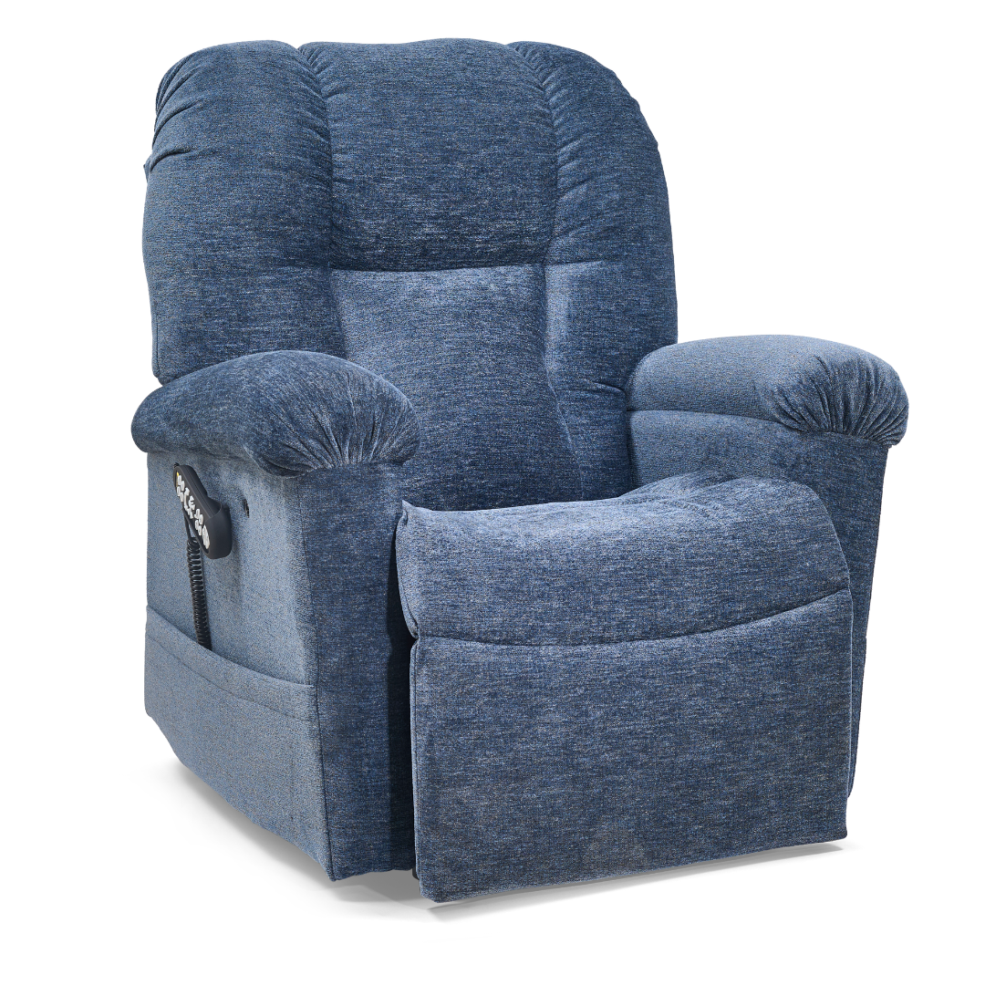 The Golden Tech PR527 Cloud Recliner With Lift Assist & Twilight is a blue memory foam chair with padded armrests, an extended footrest, and a left-side control panel for personalized comfort.