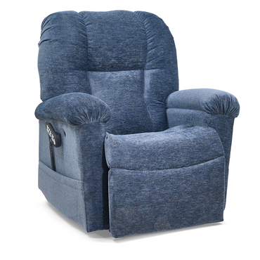 The Golden Tech PR527 Cloud Recliner With Lift Assist & Twilight is a blue memory foam chair with padded armrests, an extended footrest, and a left-side control panel for personalized comfort.