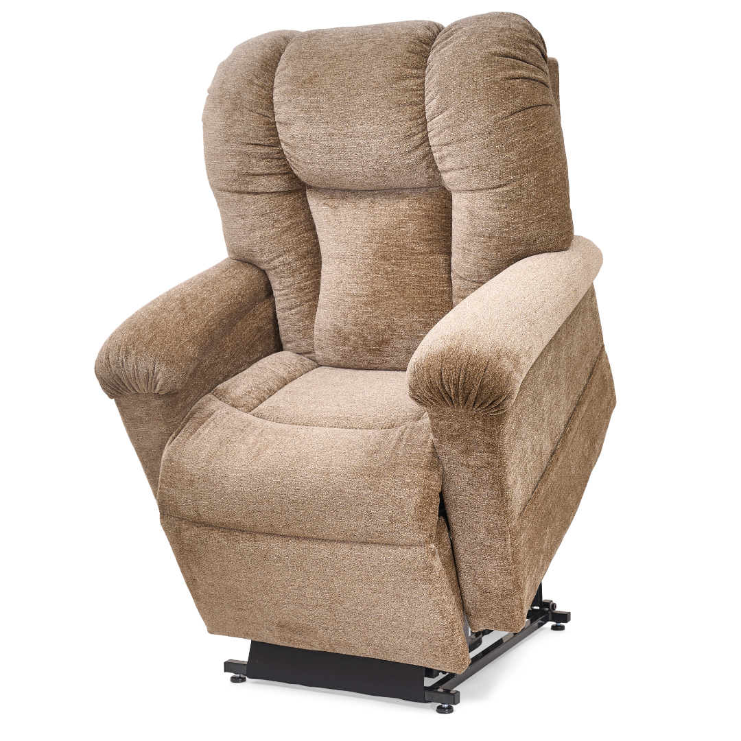 The Golden Tech PR527 Cloud Recliner With Lift Assist & Twilight - SM/MD is a brown upholstered power lift chair with plush cushions, a memory foam bucket seat, armrests, and a mechanical lift base for easy elevation.