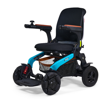 The Golden Tech Ally Pro Smart All-Terrain Power Wheelchair is a modern black and blue chair with a padded seat, armrests, footrest, joystick on the right armrest for easy maneuvering, rugged wheels for stability, and a small storage pouch under the seat.