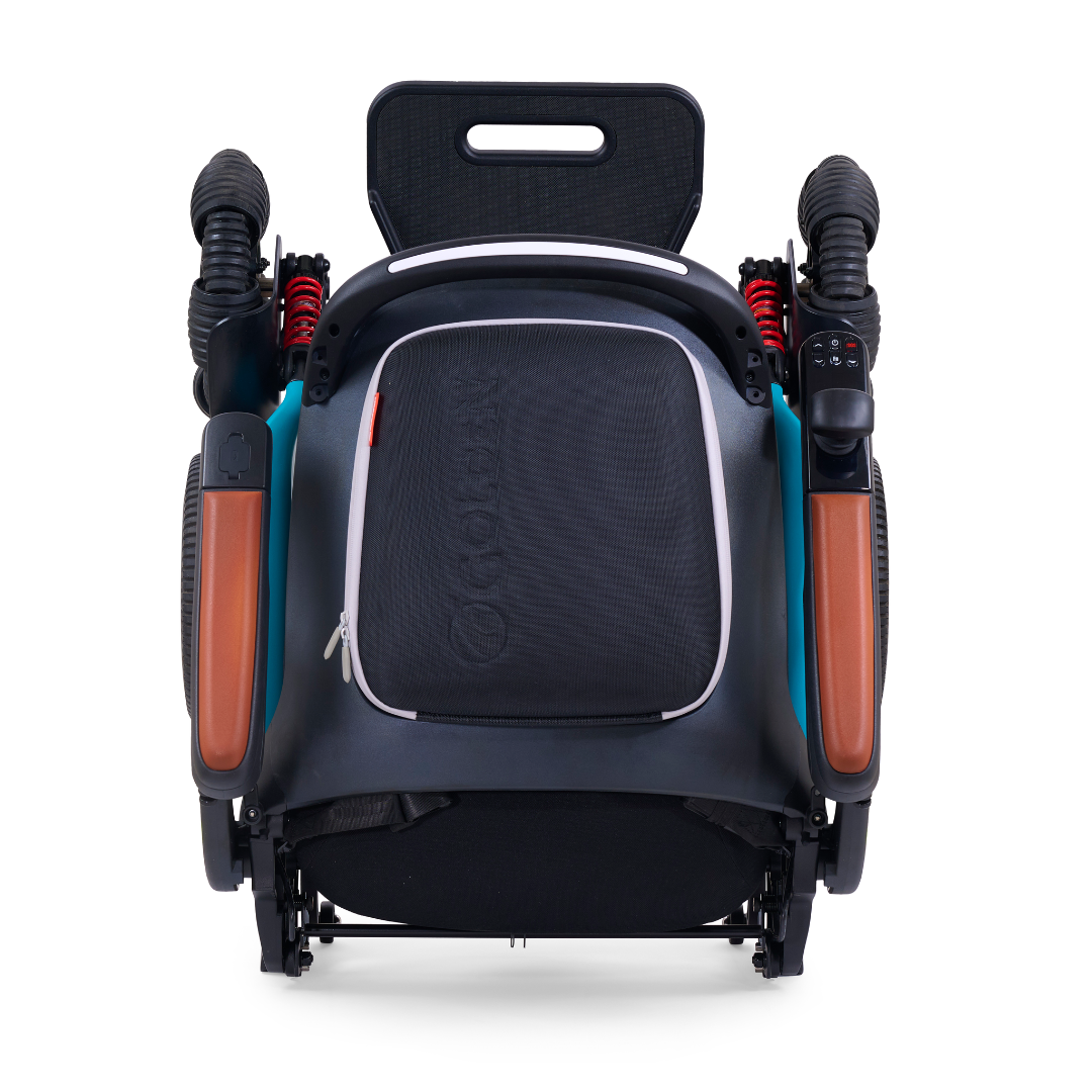 The Golden Tech Ally Pro Smart All-Terrain Power Wheelchair features a compact, foldable black frame with teal accents and brown armrests. It includes visible suspension springs and a top handle for easy storage or transport, utilizing advanced robotics tech for seamless maneuvering.