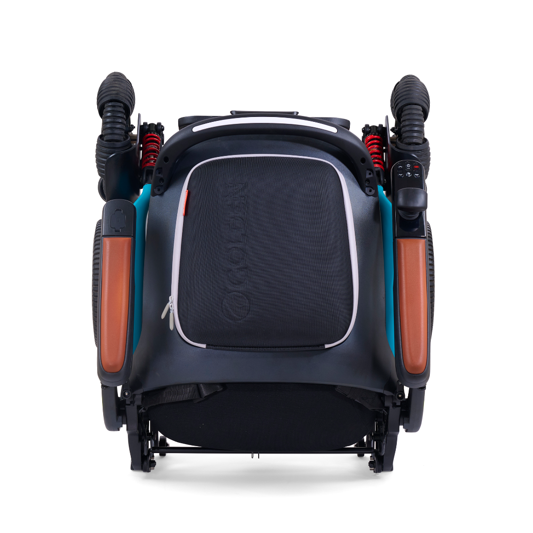The image shows the Golden Tech Ally Pro Smart All-Terrain Power Wheelchair, boasting a compact folded design in black and teal. It has brown-padded armrests, red springs, two side handles, and a logo on the seat back. Enhanced by advanced robotics technology for sleek functionality.