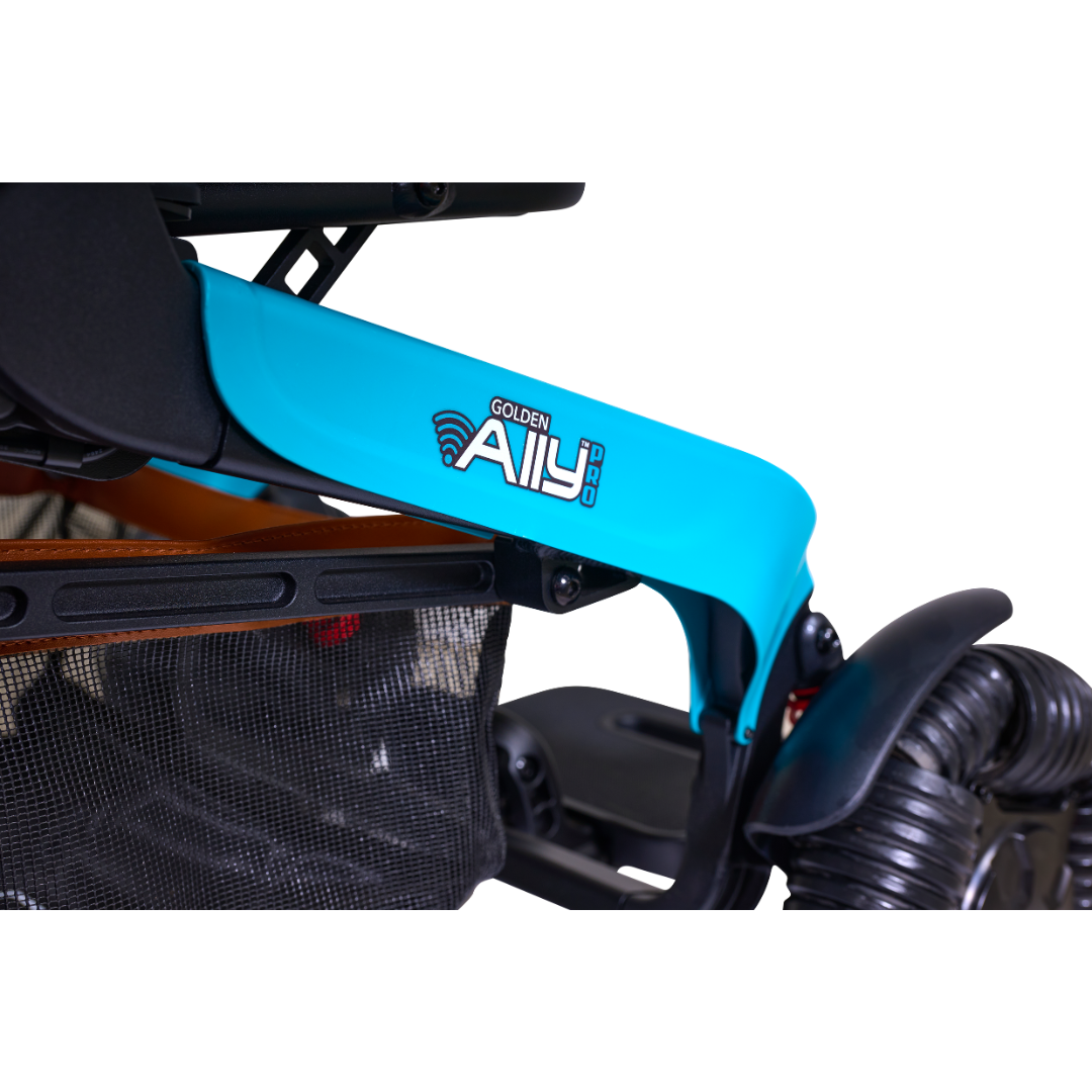 Close-up of a blue Golden Tech Ally Pro Smart All-Terrain Power Wheelchair, highlighting advanced robotics. The design includes a mesh storage basket underneath and an omni-directional wheel on the side for improved maneuverability.