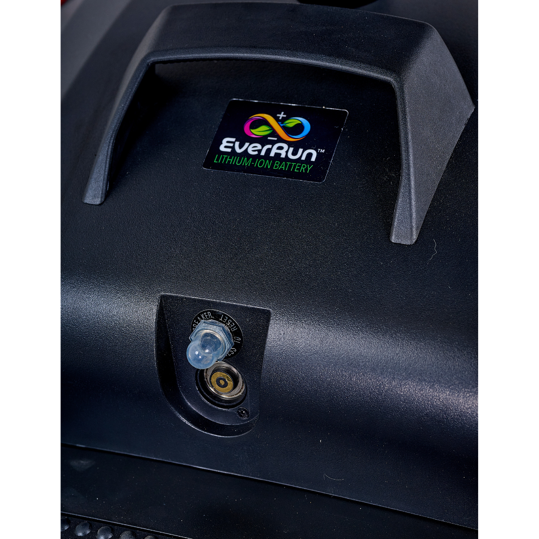Close-up of a black EverRun lithium-ion battery pack for the Golden Tech Buzzaround GB152 XL+ 4-Wheel Mobility Scooter, showing a top handle and a charging port with a rubber cap below the brand label.