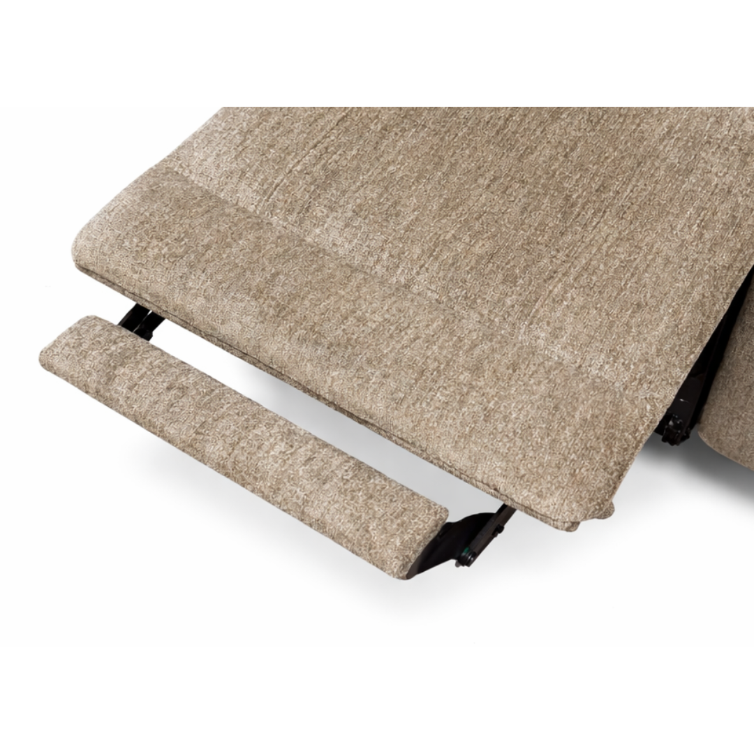 Close-up of a beige Golden Tech Halo Power Lift Recliner with Footrest Extension & Power Headrest, showing its textured upholstery and sturdy metal support mechanism underneath.