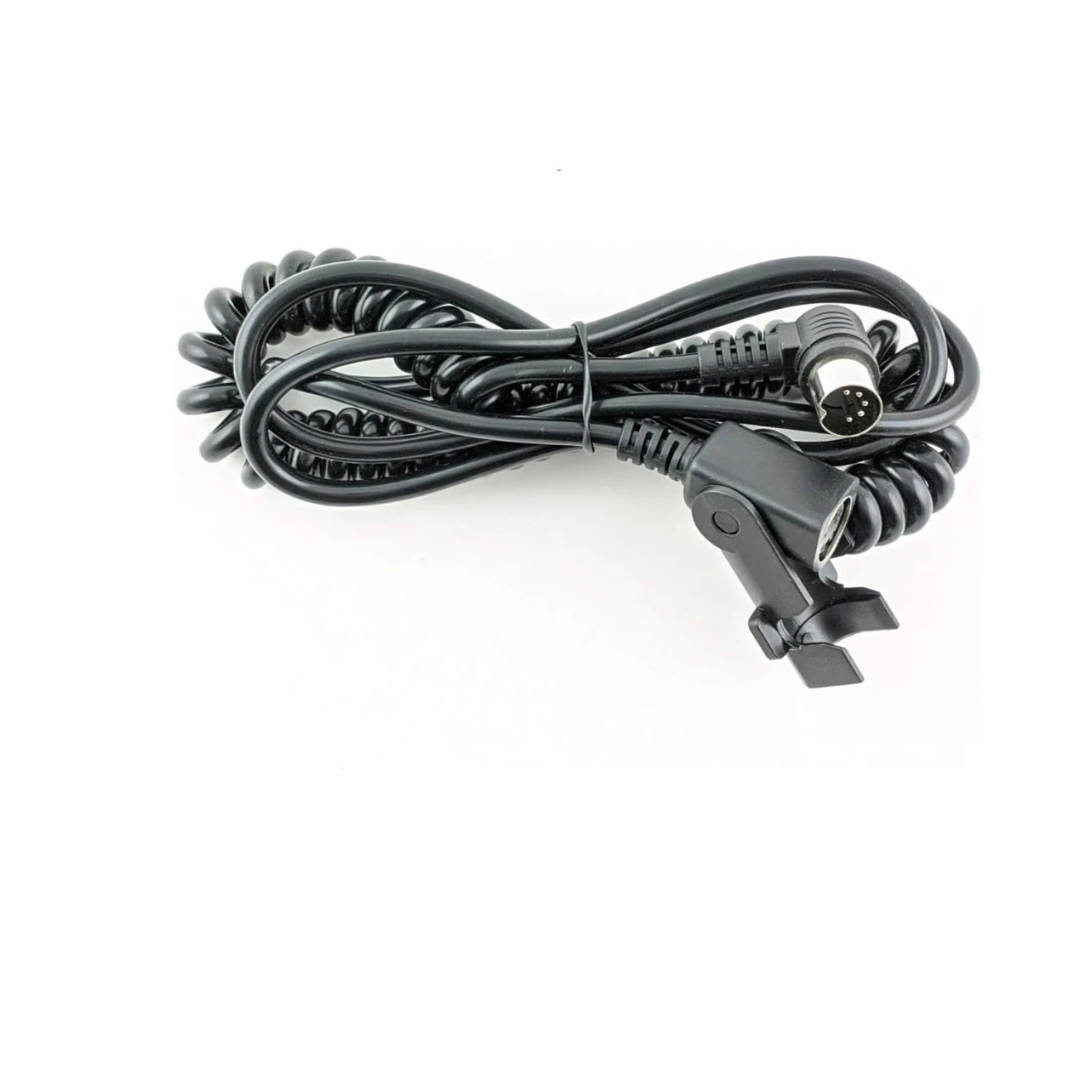 The Extension Cord For Golden Tech & Ultra Comfort Lift Chairs is a coiled black 5-pin cable with a circular connector on one end and a plastic clip on the other, ideal for compatible lift chairs, shown on a white background.