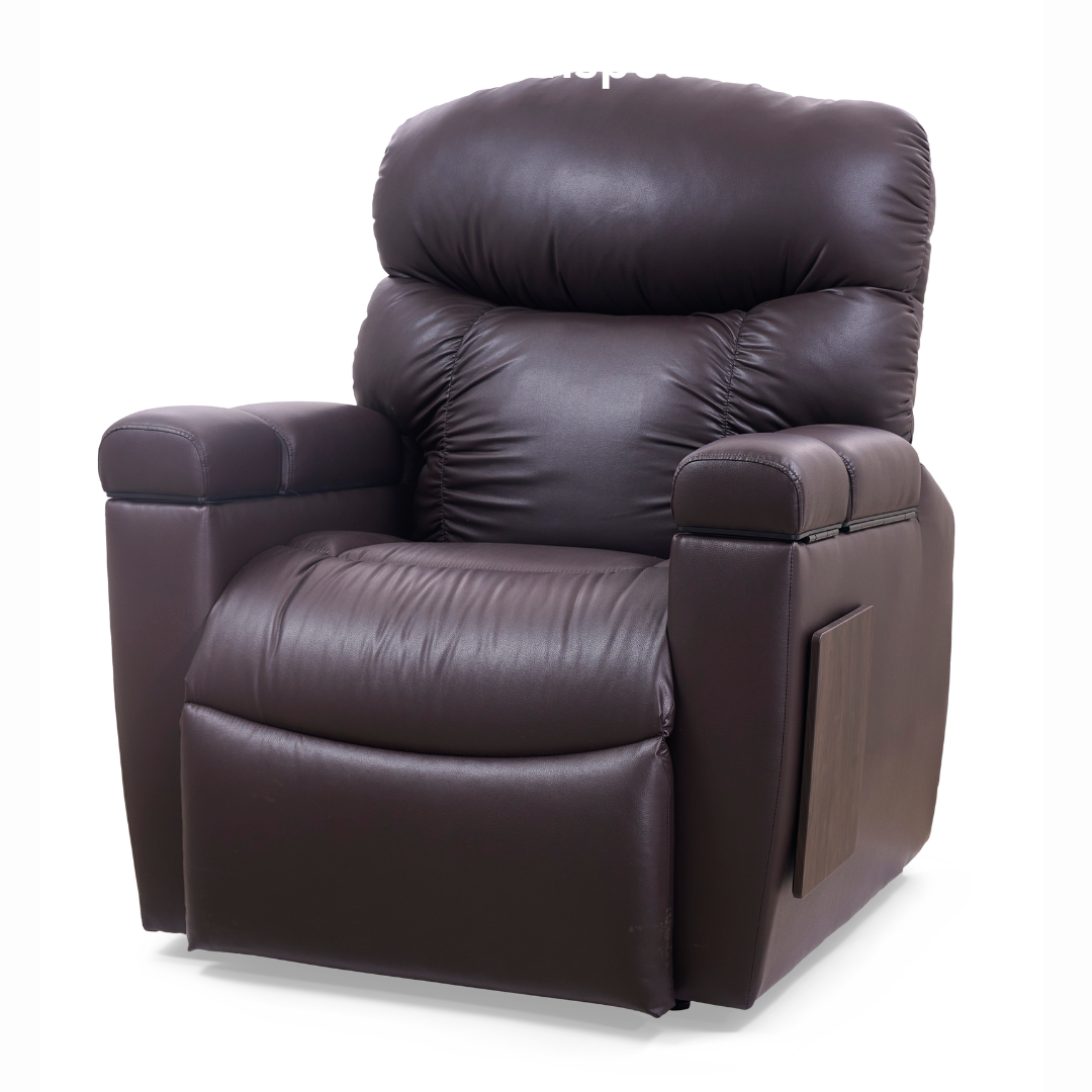 The Golden Cloud+ PR511 Recliner with Lift Assist - Medium Wide features a 4-Zone Comfort Zone design for optimal relaxation. This brown leather chair includes cushioned armrests, a plush backrest, a side storage pocket, and is easily operable with the AutoDrive hand control for enhanced comfort.