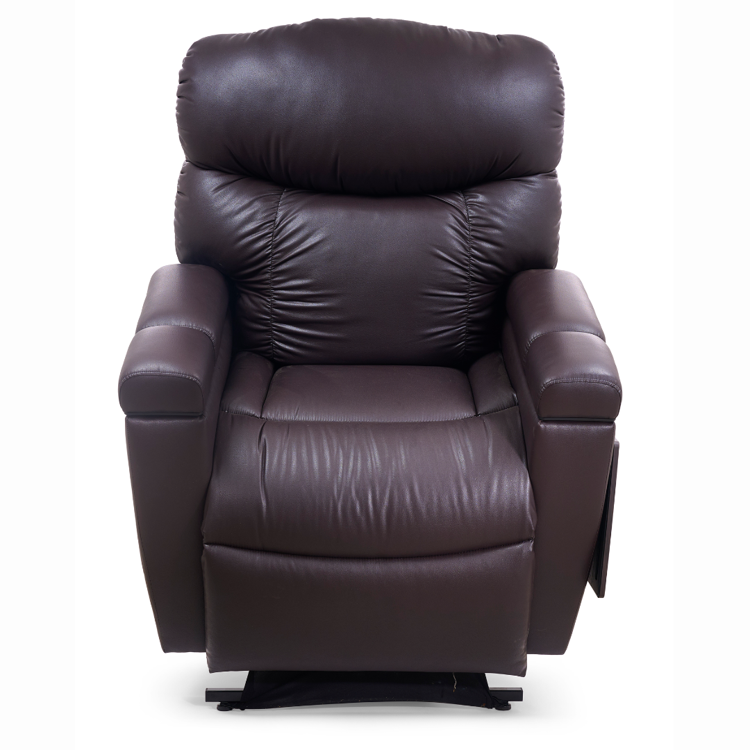 Discover the Golden Cloud+ PR511 Recliner with Lift Assist - Medium Wide, a plush dark brown leather chair with padded armrests and a cushioned backrest. It features AutoDrive hand control and 4-Zone Comfort Zone technology, offering an upright, comfortable experience.