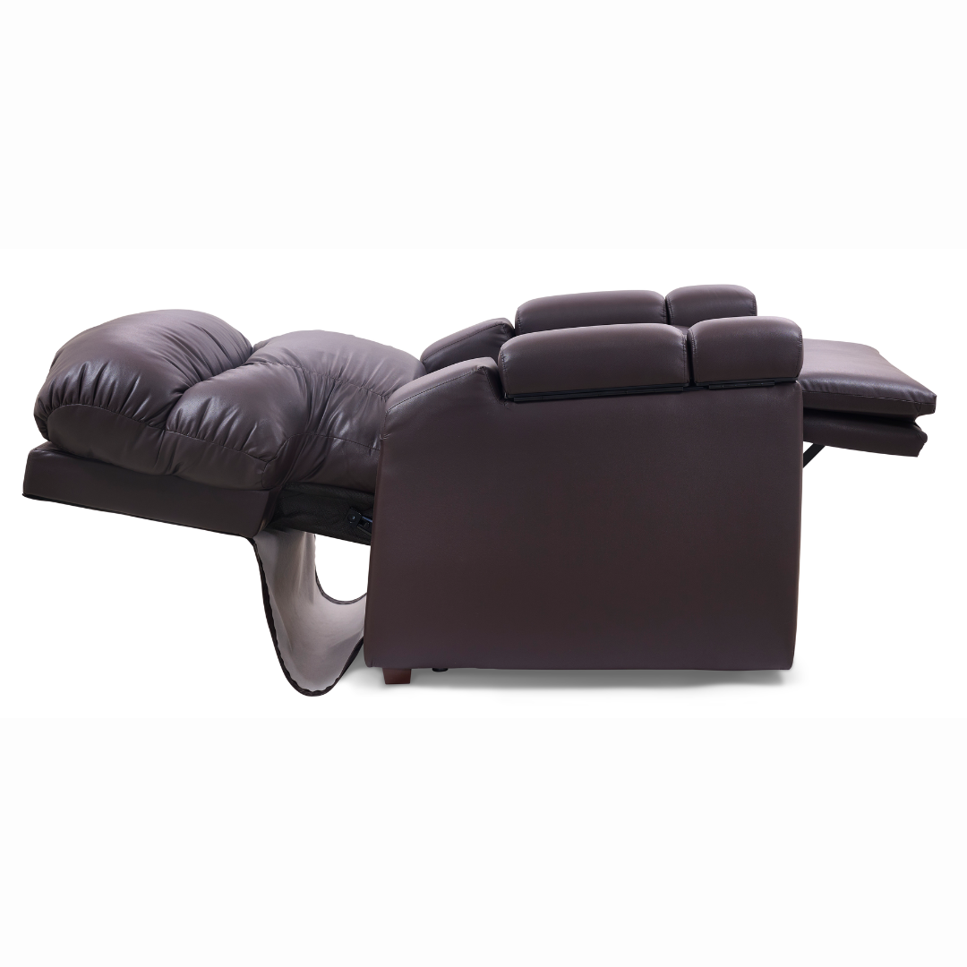 Side view of the Golden Cloud+ PR511 Recliner with Lift Assist - Medium Wide, fully extended, showcasing plush cushions and a supportive footrest. The soft leather upholstery emphasizes its ergonomic design with AutoDrive hand control for easy relaxation.