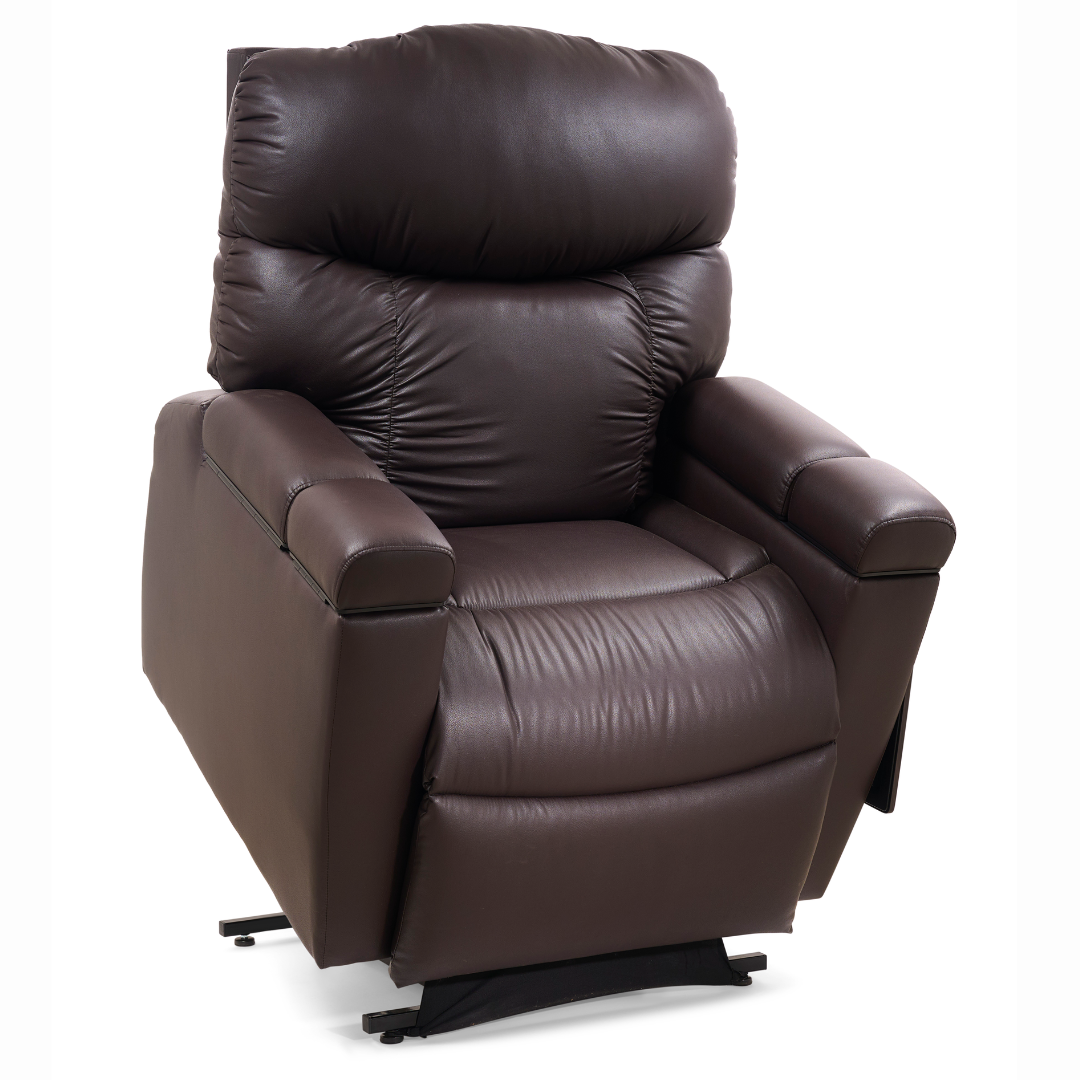 Introducing the Golden Cloud+ PR511 Recliner with Lift Assist - Medium Wide: a brown leather masterpiece featuring padded armrests, cushioned backrest, and 4-Zone Comfort Zone. Its glossy leather complements the AutoDrive hand control for effortless relaxation.