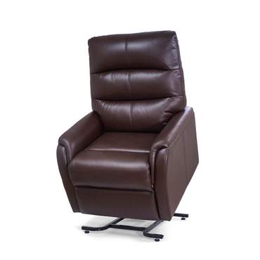 The Golden DeLuna Elara PR118 Recliner with Lift Assist is shown in dark brown leather, featuring padded armrests, an adjustable headrest and backrest, partially raised to display its metal lift mechanism against a white background.
