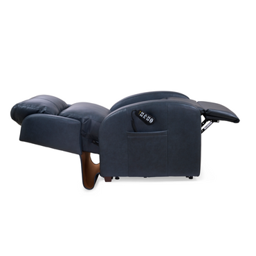 The Golden PR750 EZ Sleeper Slim Recliner with Lift Assist in dark blue is fully reclined with an extended footrest, wooden leg, and remote control in its side pocket, featuring 4-Zone Comfort Zone technology against a white background.