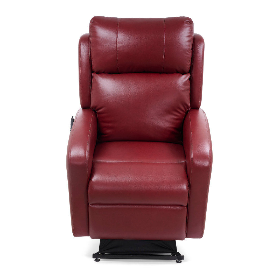 A front view of the Golden Tech PR761 EZ Sleeper Recliner with Lift Assist & Twilight Recline, maroon in color, featuring padded armrests, seat, and backrest with MaxiComfort Positioning, set against a white background.