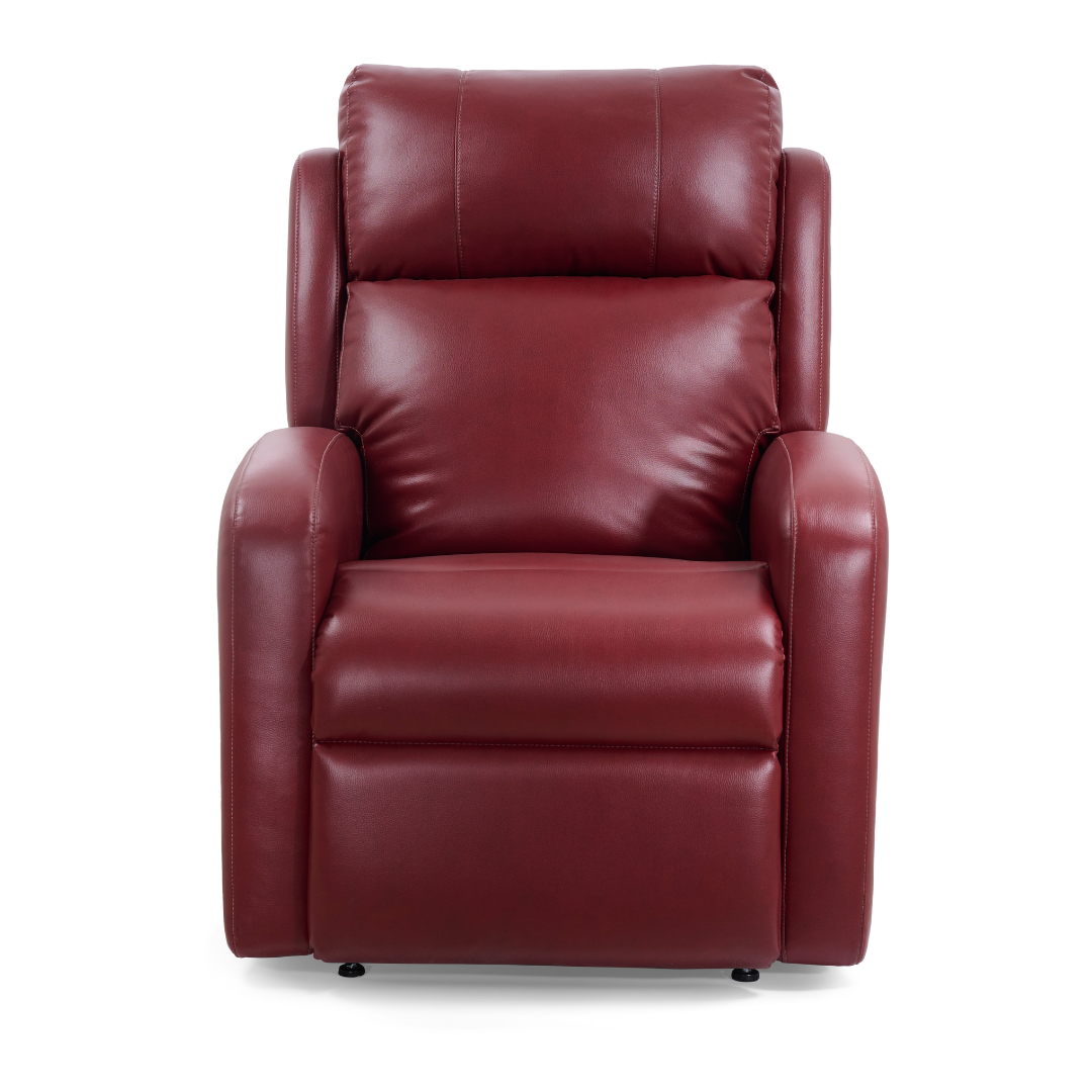 A front view of the Golden Tech PR761 EZ Sleeper Recliner with Lift Assist & Twilight Recline in red leather, featuring plush cushions, wide armrests, and MaxiComfort Positioning, shown against a white background.