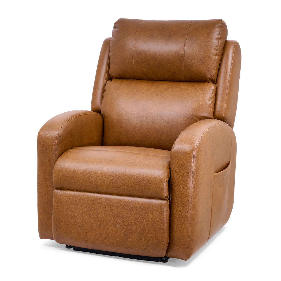 The Golden Tech PR761 EZ Sleeper Recliner with Lift Assist & Twilight Recline features plush brown leather, padded armrests, and a high backrest for comfort and relaxation. It is displayed against a plain white background.