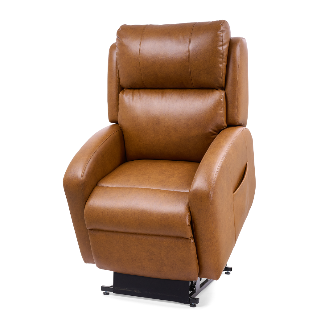 The Golden Tech PR761 EZ Sleeper Recliner with Lift Assist & Twilight Recline is a brown leather power chair with padded armrests, a modern design, MaxiComfort Positioning, side pocket, and black metal base for stability and style.