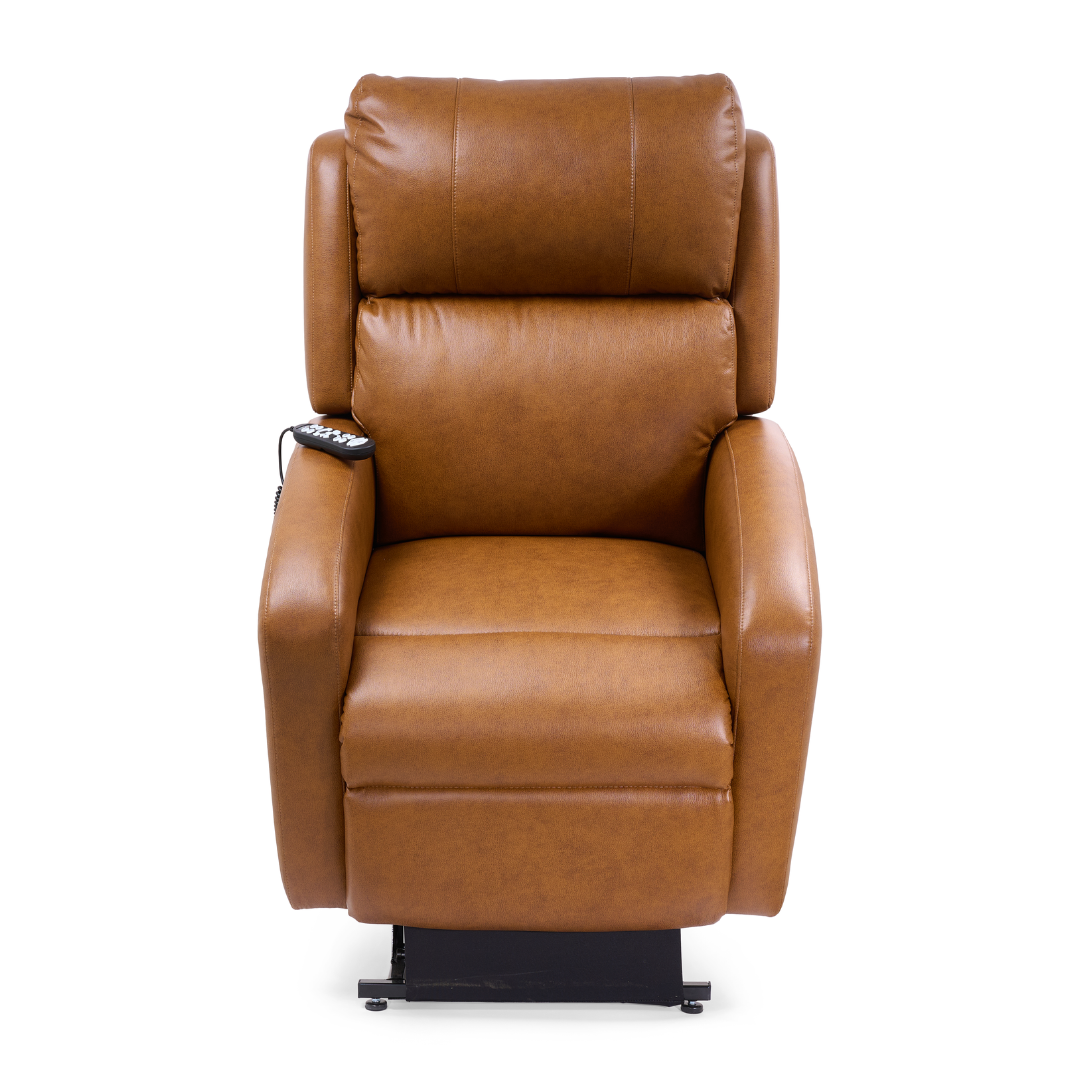 Front view of the Golden Tech PR761 EZ Sleeper Recliner with Lift Assist & Twilight Recline in brown leather, featuring padded armrests, headrest, MaxiComfort Positioning, and a side-attached remote control.