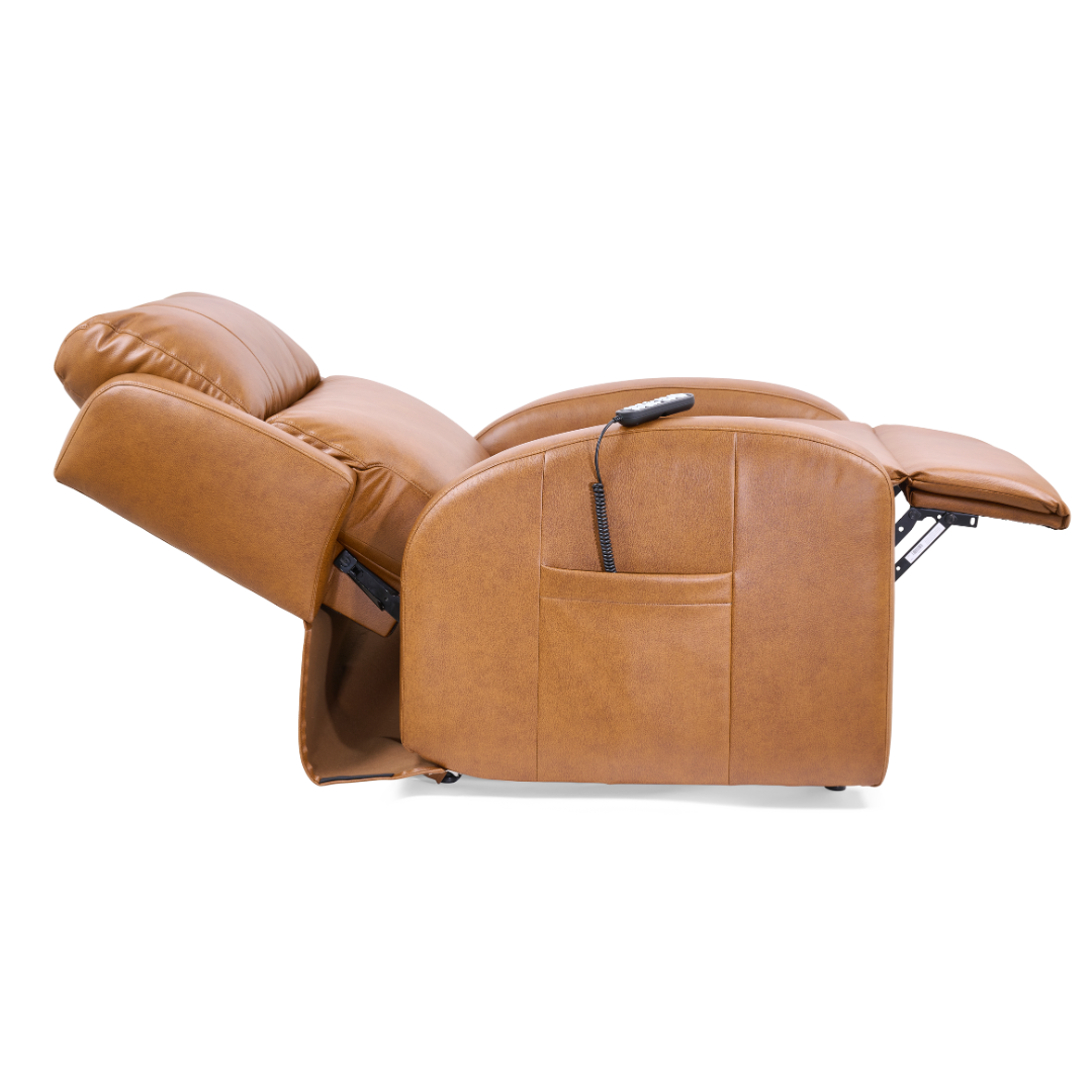 The Golden Tech PR761 EZ Sleeper Recliner with Lift Assist & Twilight Recline, shown in brown leather, is fully reclined with MaxiComfort Positioning and its remote control in the side pocket on a white background.