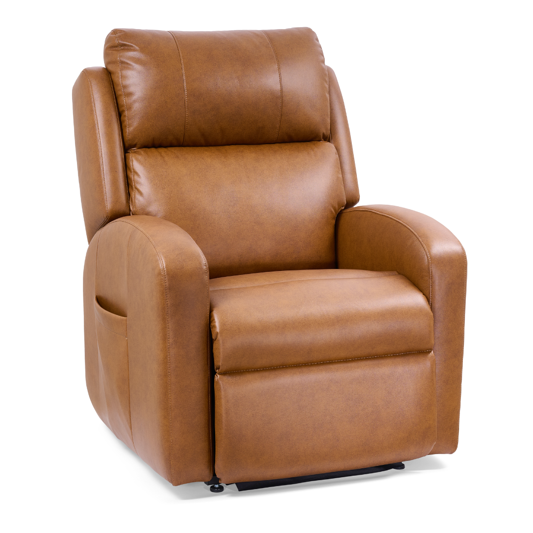 The Golden Tech PR761 EZ Sleeper Recliner with Lift Assist & Twilight Recline is a brown leather chair featuring cushioned back, seat, and arms, a handy side pocket, black base, and offers modern comfort and style.