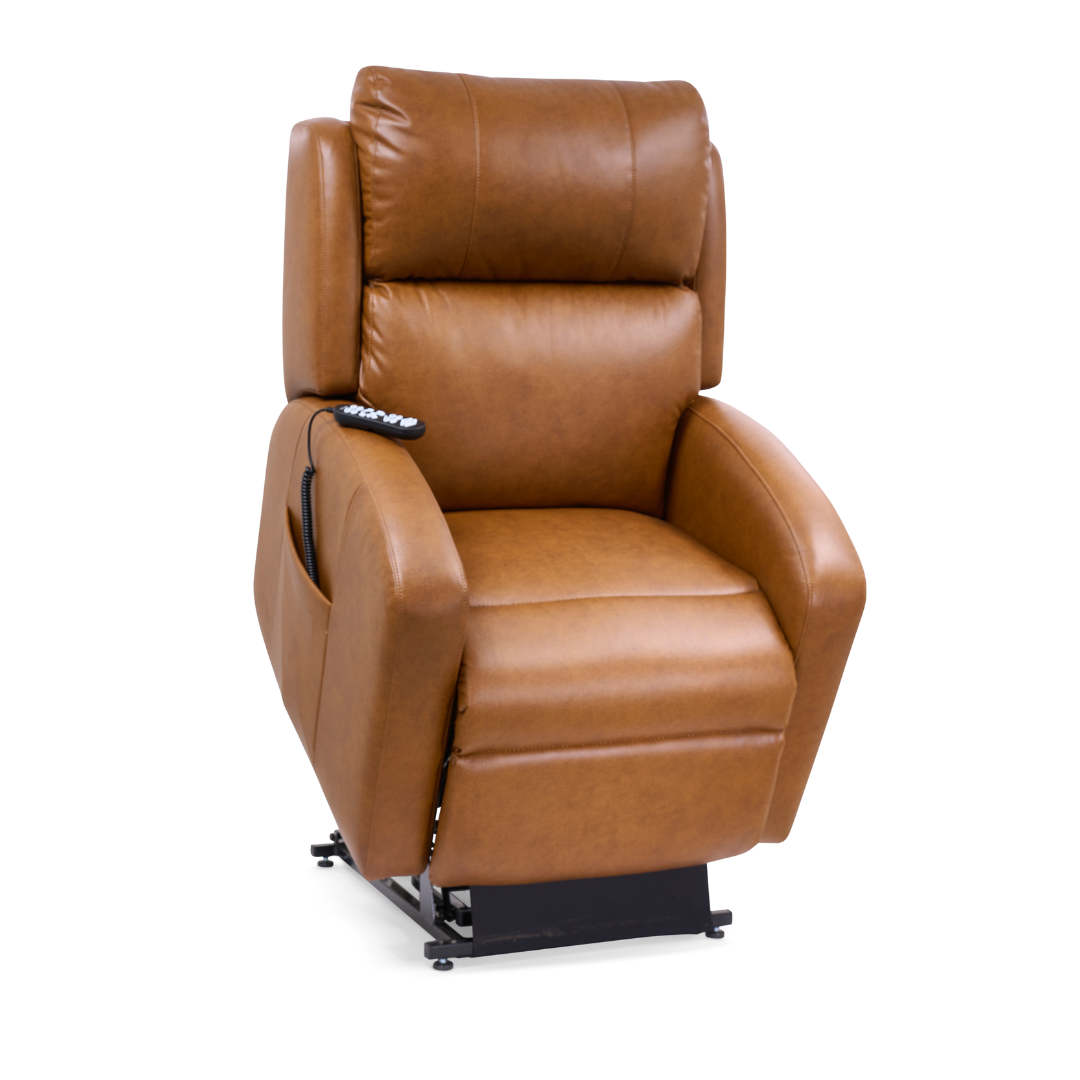 The Golden Tech PR761 EZ Sleeper Recliner with Lift Assist & Twilight Recline is a brown leather chair featuring a high backrest, padded armrests, remote control, and MaxiComfort Positioning for customizable comfort and support.