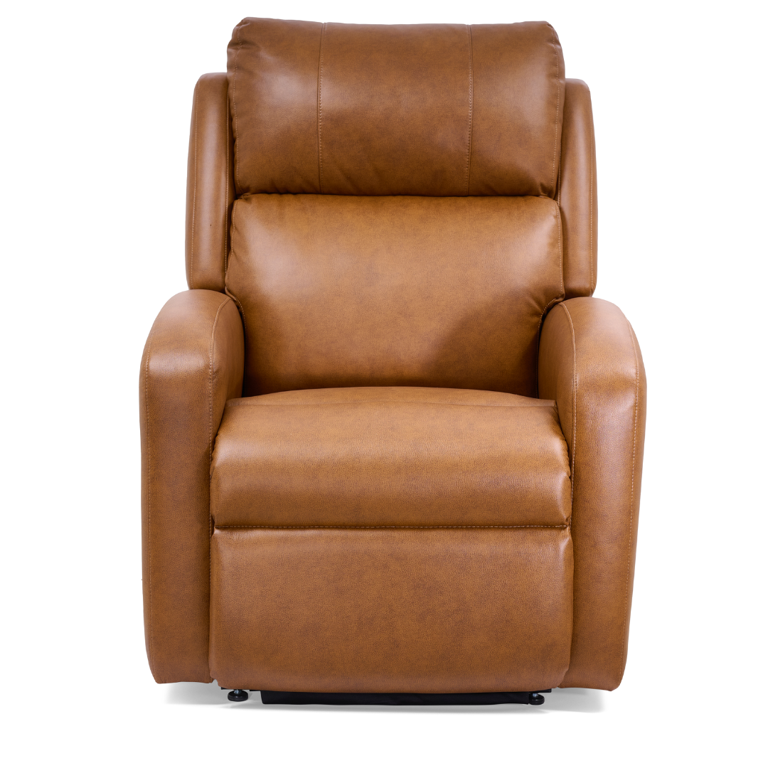 The Golden Tech PR761 EZ Sleeper Recliner with Lift Assist & Twilight Recline is a brown leather chair with padded arms, backrest, and seat featuring MaxiComfort Positioning, shown facing forward against a white background.