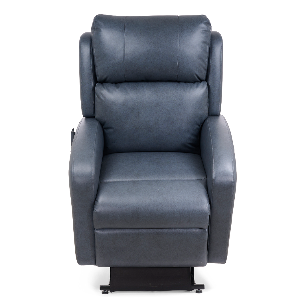 The Golden Tech PR761 EZ Sleeper Recliner with Lift Assist & Twilight Recline is a dark gray, cushioned power chair with MaxiComfort positioning, high backrest, and wide armrests, shown front-facing on a white background.