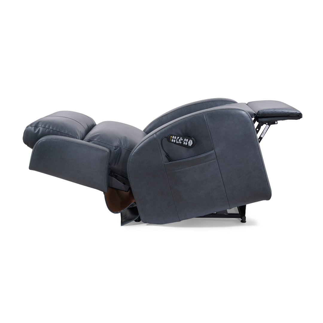 The Golden Tech PR761 EZ Sleeper Recliner with Lift Assist & Twilight Recline in dark gray is fully reclined with an extended footrest and side control panel, displayed against a plain white background.