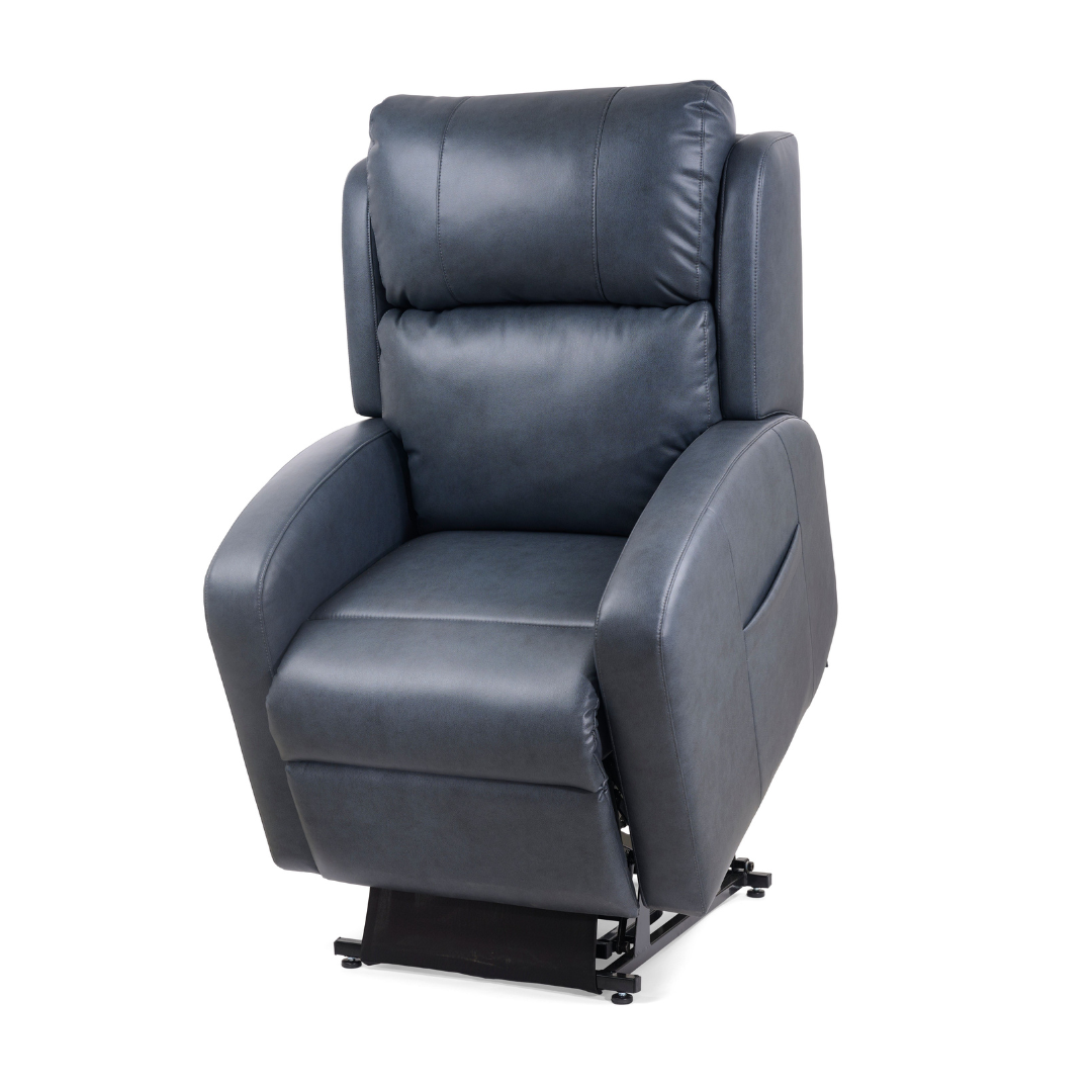 The Golden Tech PR761 EZ Sleeper Recliner with Lift Assist & Twilight Recline is a dark gray leather power lift chair with thick padding, wide armrests, and advanced comfort technology, shown partially elevated on a white background.