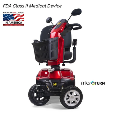 Red Golden GC440 Companion 4-Wheel Bariatric Mobility Scooter with MicroTurn, featuring a front basket, black seat, and text noting it is a U.S.-made FDA Class II Medical Device.