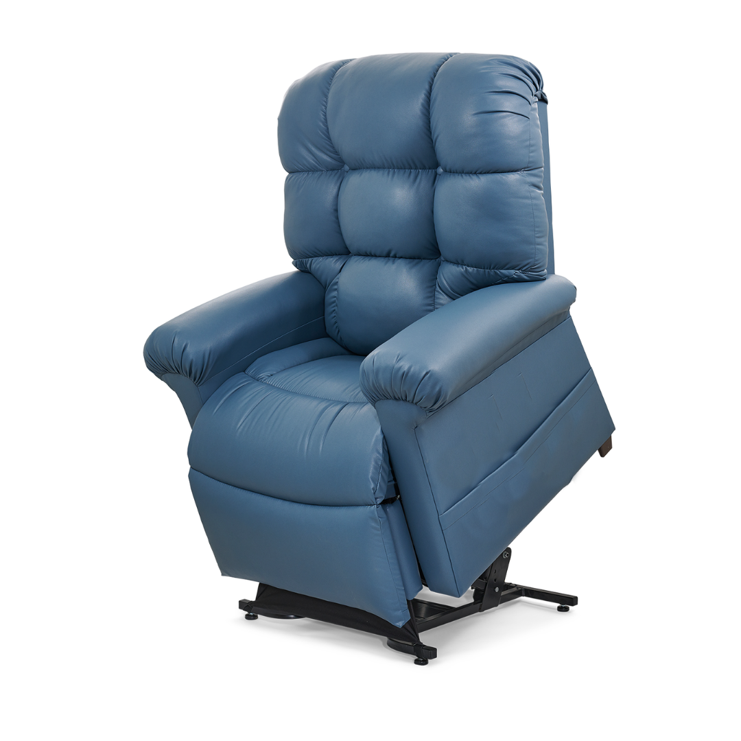 The Golden Tech PR515 Cloud Recliner With Lift Assist, ZG+ & Twilight - MD/LG features a blue cushion, high back, padded armrests, black metal base, ergonomic support, and zero-gravity positioning for easy assisted standing.