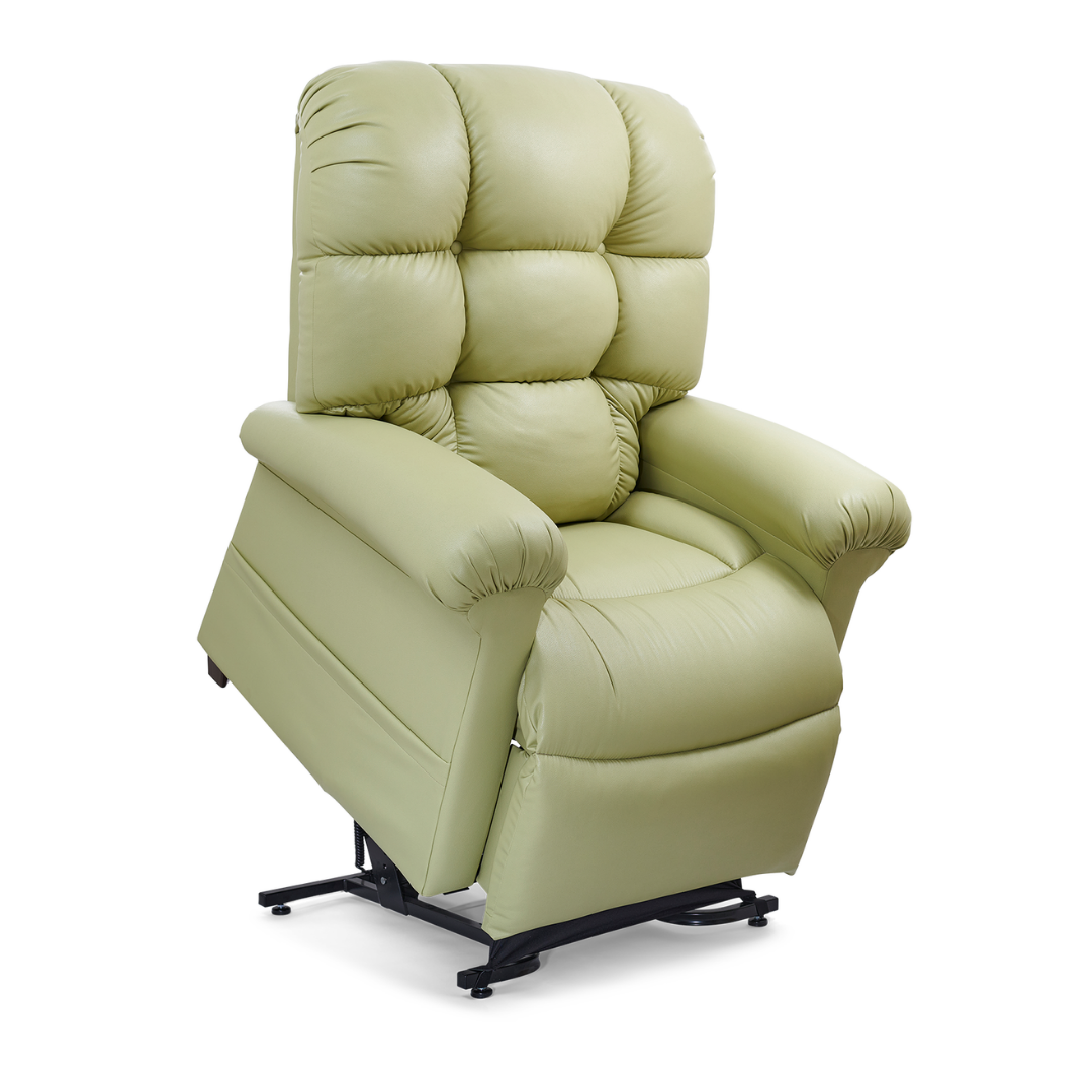 The Golden Tech PR515 Cloud Recliner With Lift Assist, ZG+ & Twilight - SM/MD is shown in light green upholstery with padded arms and backrest, partially lifted on a sleek black metal base for ergonomic support.