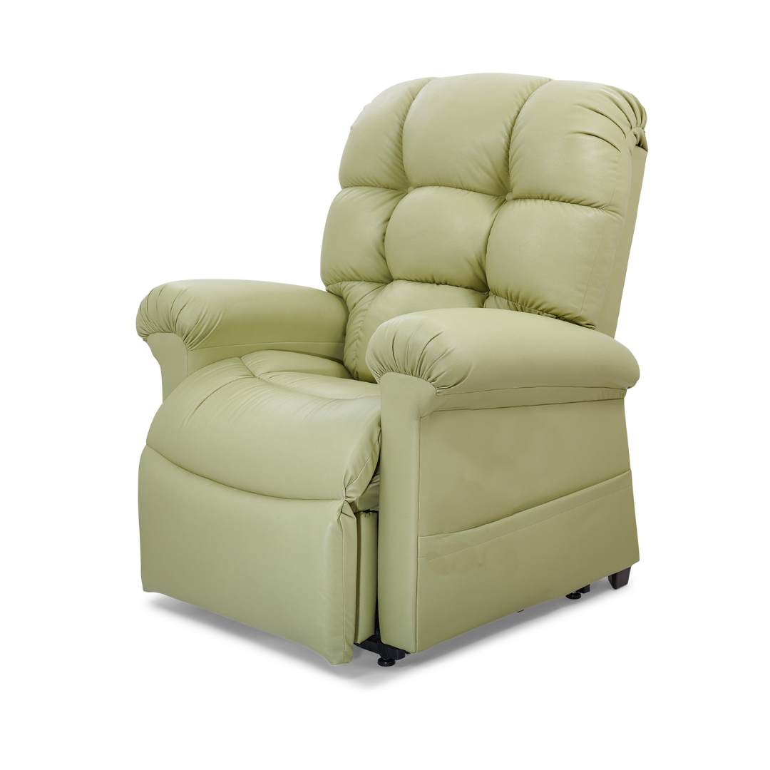 A light green Golden Tech PR515 Cloud Recliner With Lift Assist, ZG+ & Twilight – MD/LG, featuring padded armrests and a cushioned backrest with Patented Twilight Technology for zero gravity comfort, is shown on a white background.