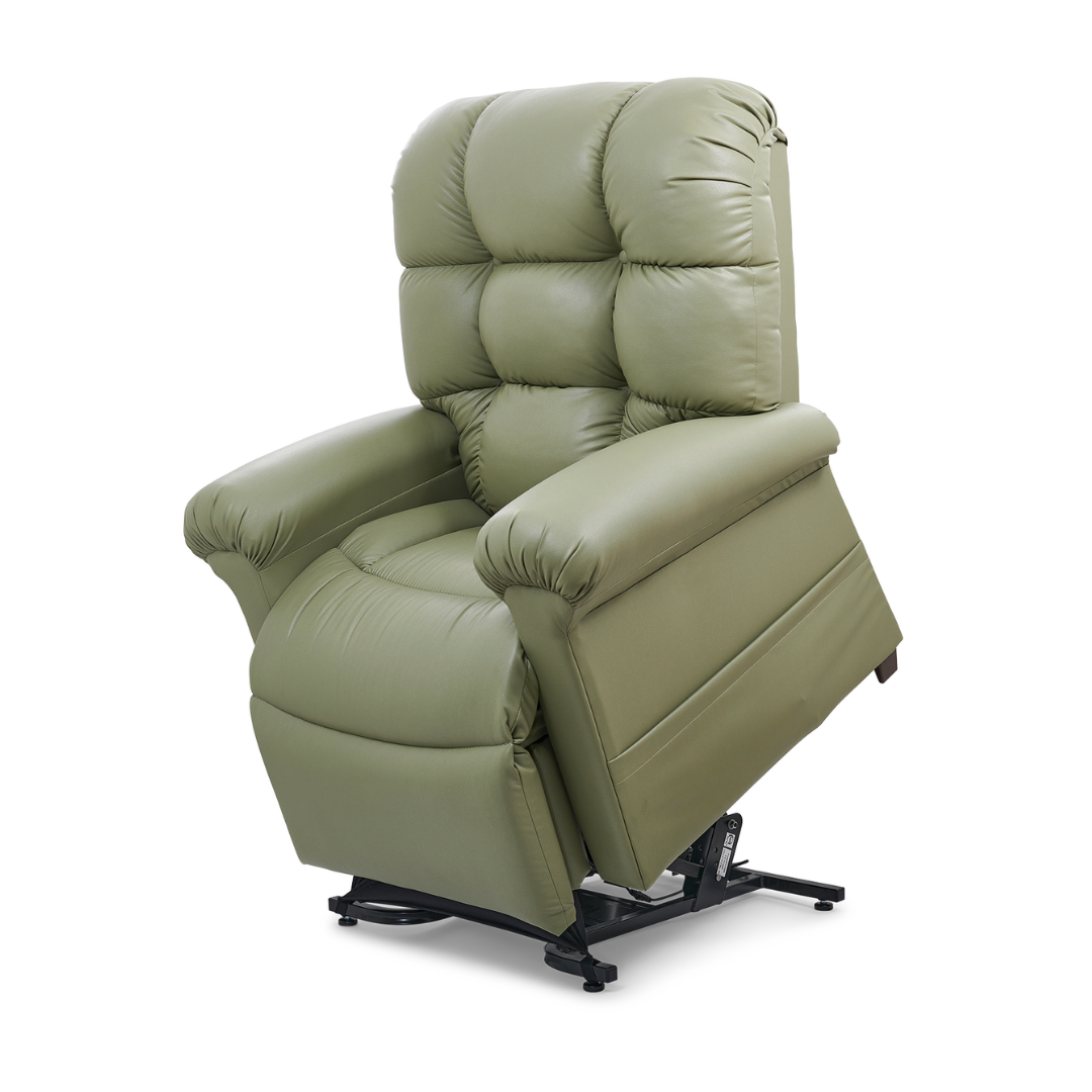 The Golden Tech PR515 Cloud Recliner With Lift Assist, ZG+ & Twilight - MD/LG is a green padded lift chair with tufted backrest and armrests, shown partially raised to help users stand up.