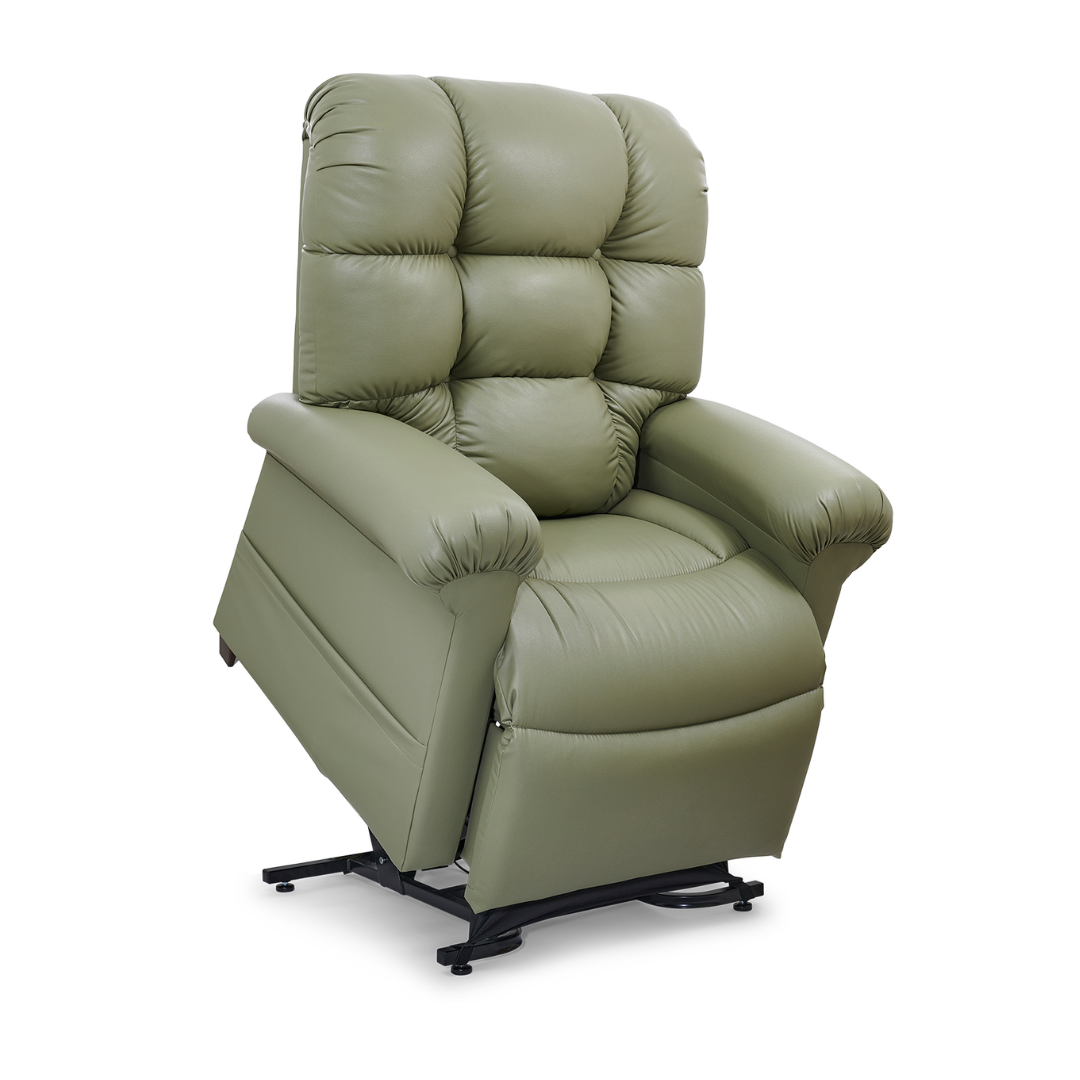 The Golden Tech PR515 Cloud Recliner With Lift Assist, ZG+ & Twilight - SM/MD features green leather upholstery, padded arms and backrest, ergonomic support, zero-gravity comfort, and a black metal base to assist with standing.