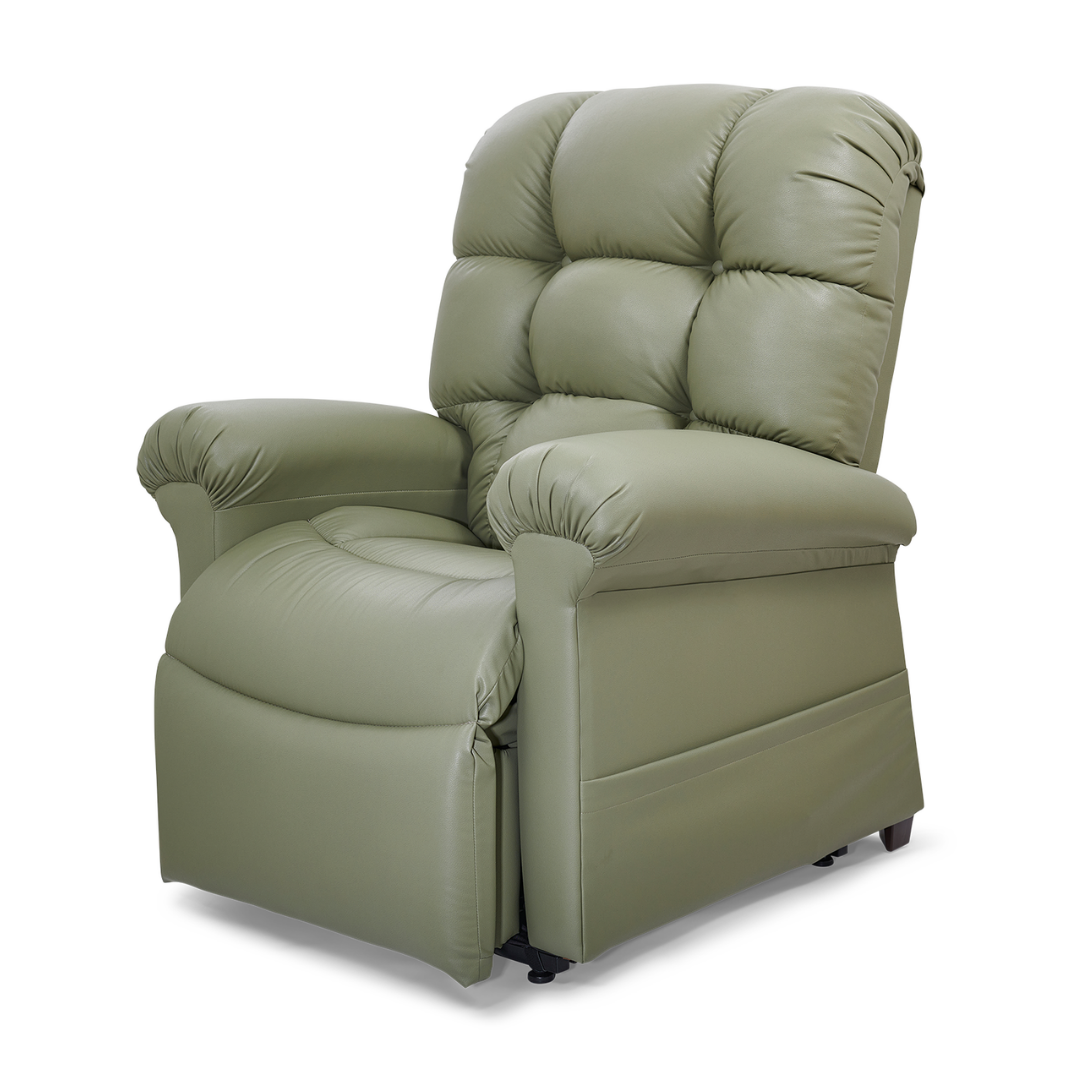 A Golden Tech PR515 Cloud Recliner With Lift Assist, ZG+ & Twilight (SM/MD) in green, featuring cushioned padding, ergonomic support, and padded armrests and backrest, is shown slightly reclined on a white background.