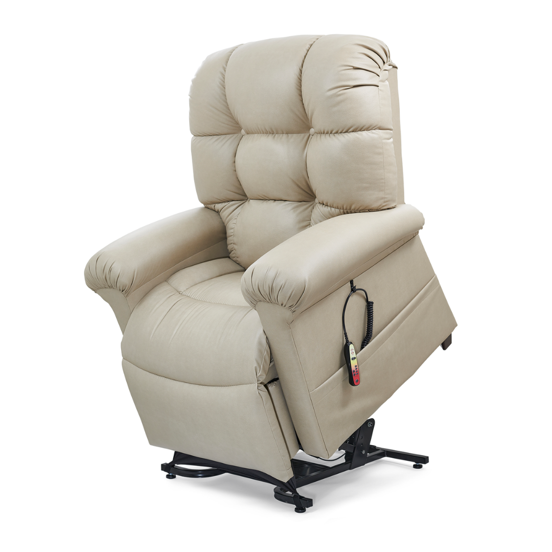 The Golden Tech PR515 Cloud Recliner With Lift Assist, ZG+ & Twilight - MD/LG is a beige, padded chair with ergonomic support, plush back and arm cushions, an attached remote control, and a lift base for easy standing.