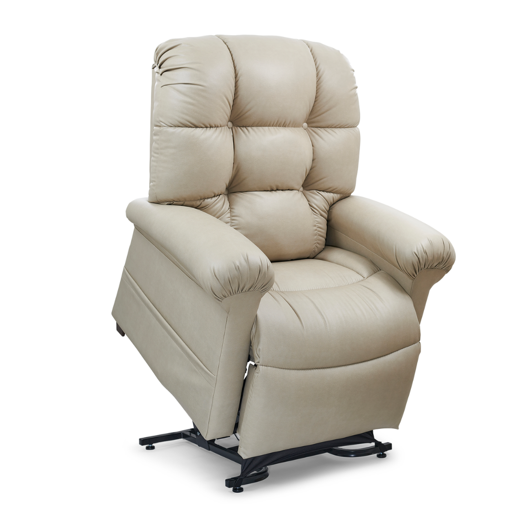 The Golden Tech PR515 Cloud Recliner With Lift Assist, ZG+ & Twilight - MD/LG features beige upholstery, a plush tufted backrest, padded armrests, and a motorized lift for ergonomic zero-gravity comfort against a clean white background.