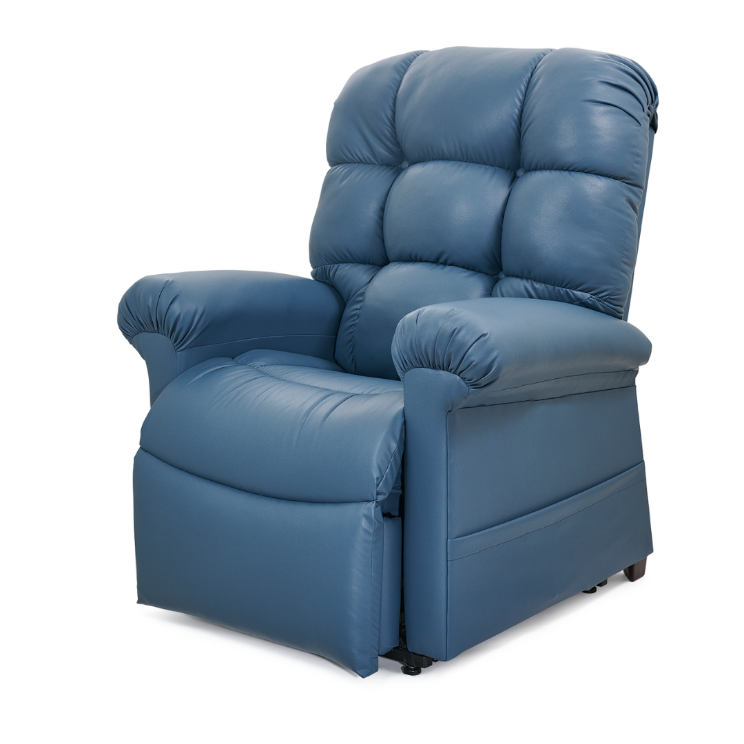 The Golden Tech PR515 Cloud Recliner With Lift Assist, ZG+ & Twilight - MD/LG in blue leather features plush cushioning and Zero Gravity positioning for ultimate relaxation, shown here on a white background.