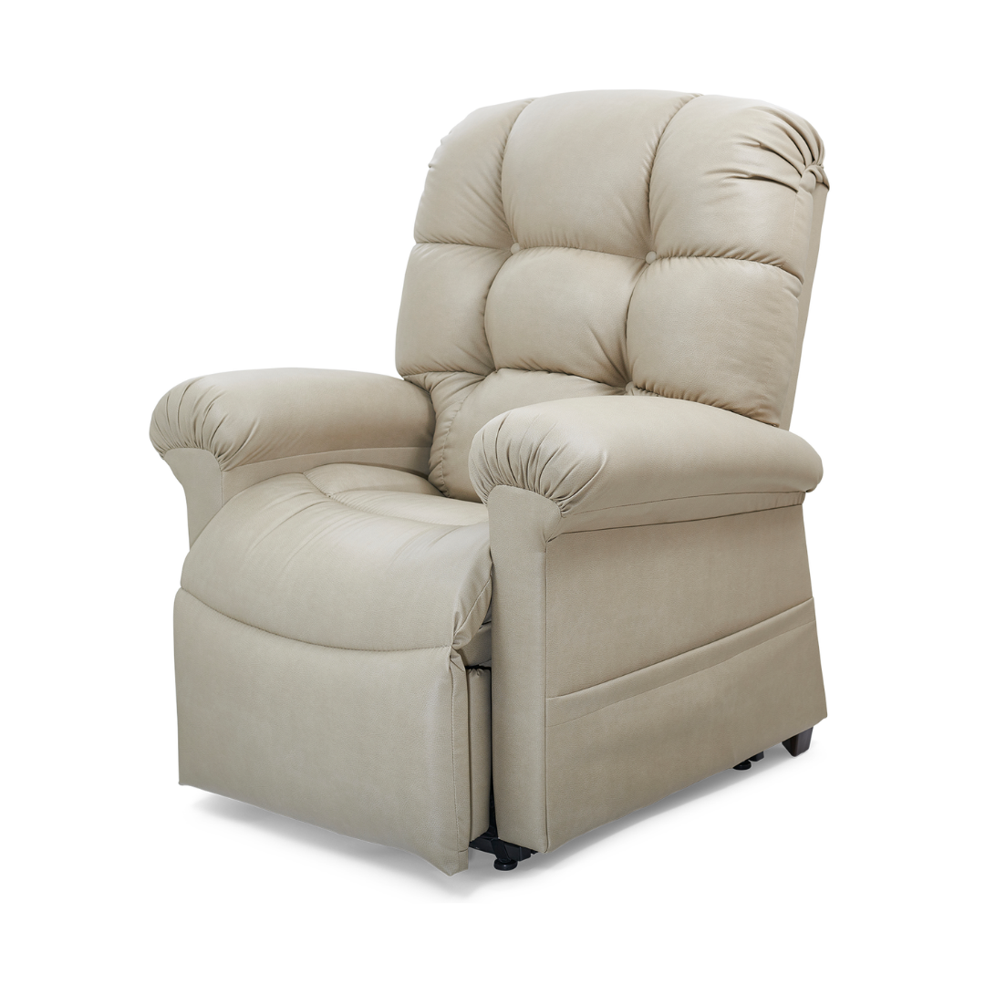 The Golden Tech PR515 Cloud Recliner With Lift Assist, ZG+ & Twilight - SM/MD in beige features a plush tufted backrest and padded armrests for ergonomic support and comfort, displayed against a white background.