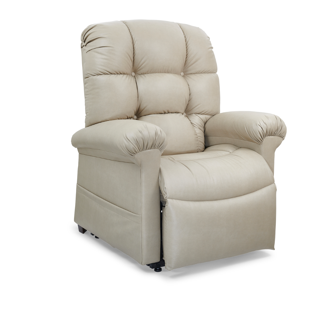The Golden Tech PR515 Cloud Recliner With Lift Assist, ZG+ & Twilight - SM/MD features beige upholstery, a tufted backrest, plush armrests, and a slightly open footrest for ergonomic support and a zero-gravity experience on a white background.