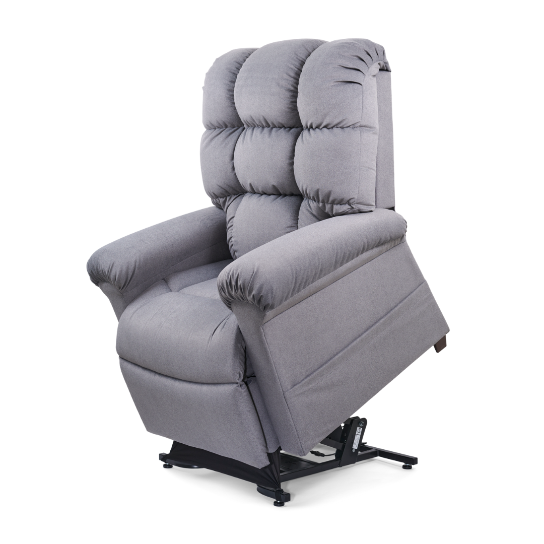The Golden Tech PR515 Cloud Recliner With Lift Assist, ZG+ & Twilight - MD/LG features gray upholstery, padded cushions, ergonomic support, and a mechanical lift base to assist users in standing up or sitting down.